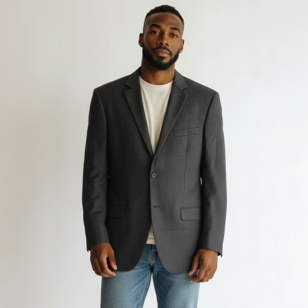 Pronto Uomo Mens 44 X-Long Charcoal Gray Pinstripe 100% Wool 2-Button Blazer